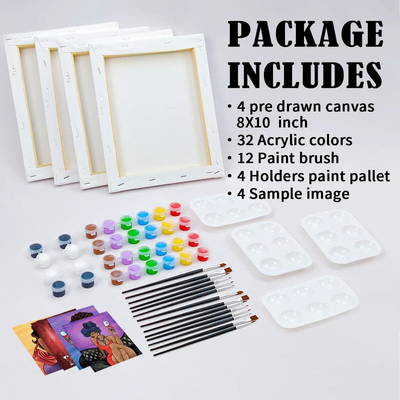 VOCHIC 4 Pack Canvas Painting Kit Pre Drawn Canvas for Painting for Adults Party Kits Paint and Sip Party Supplies 8x10 in 8 Acrylic Colors 3 Brush 1 Pallet Chic Girl Art Set - Image 5